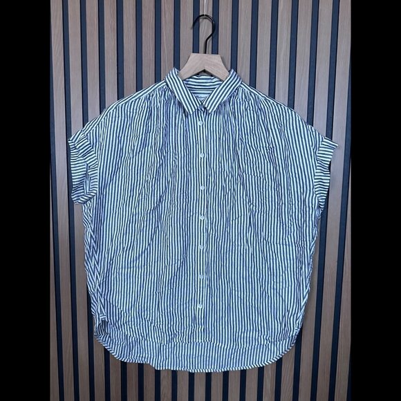 Madewell Shirt Small Womens Gray & White Stripe Cap Sleeve Boxy Button Up Collar - Picture 1 of 6